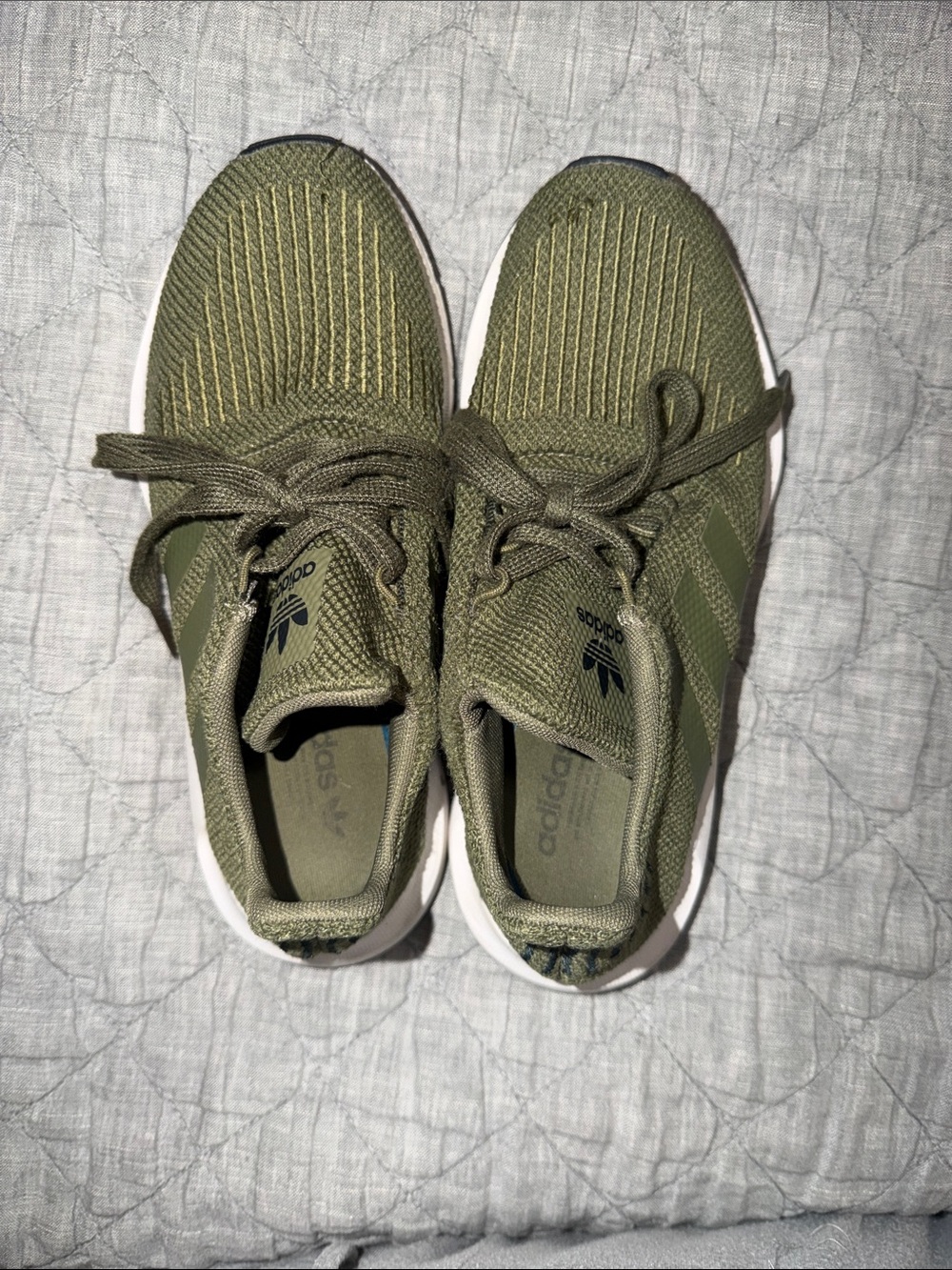 adidas Kids Olive Green Knit Lace-Up Sneakers with White Sole